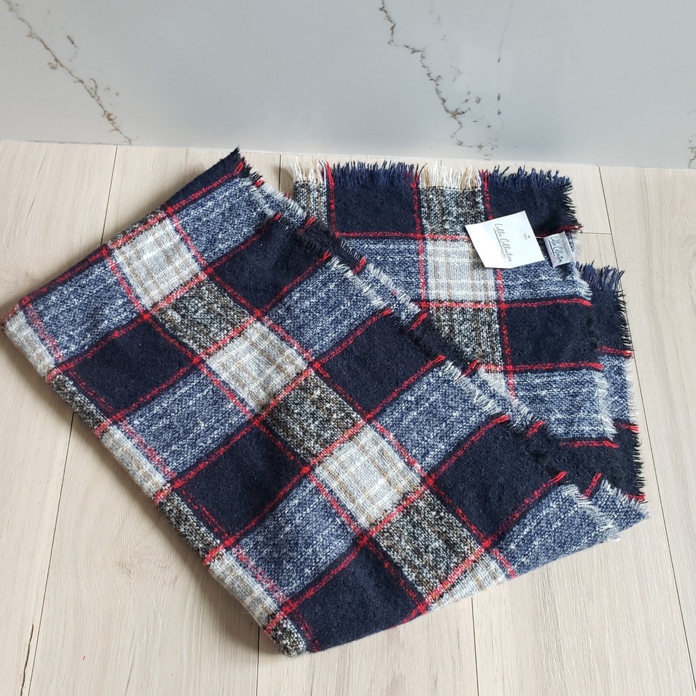 Lulla Collection by Bindya Plaid Scarf Navy Red Tan‎ Fringe NWT